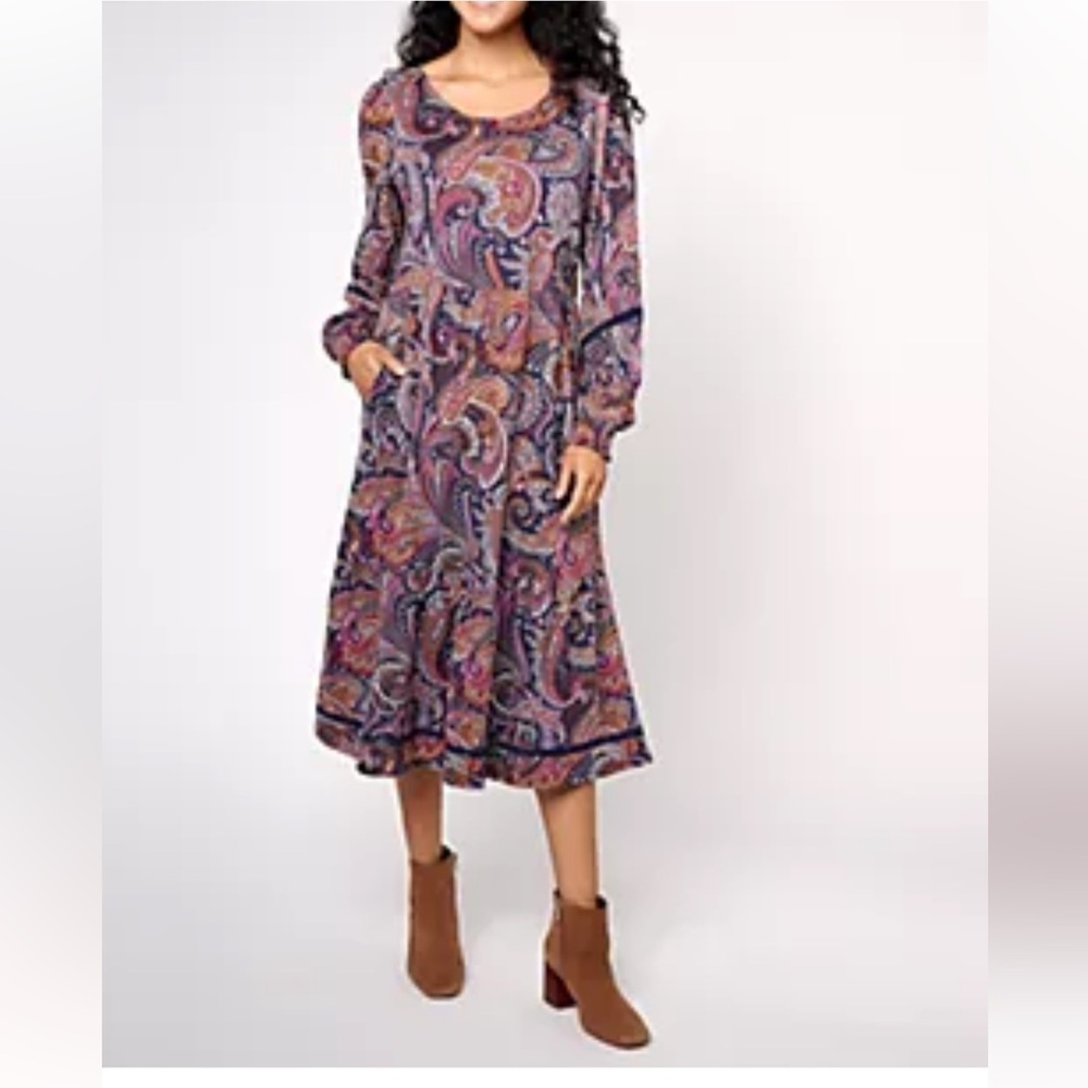 Canon Multicolor Paisley Long Sleeve Dress women XL festival casual linen boho